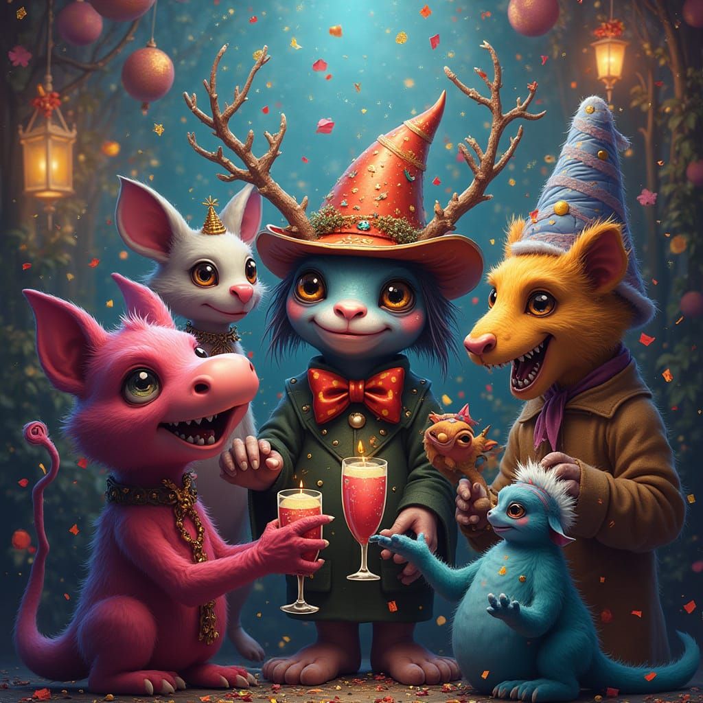 Fantastical Creature Celebrates New Year's Eve with Friends