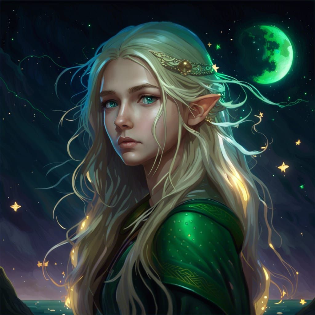 Elven Girl Portrait Under Starry Sky, Hyperdetailed Art