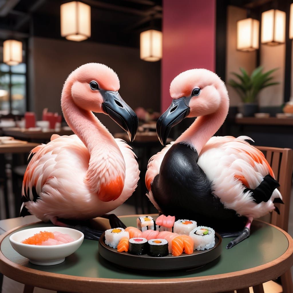 Cute Pink Flamingo and Piglet Enjoy Sushi Together in Colorf...