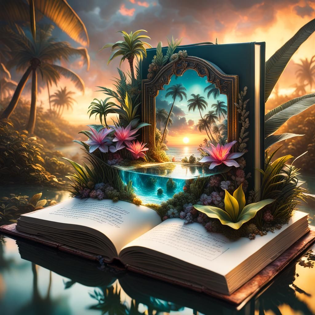 Surreal Tropical Landscape with Sunset in Digital Art