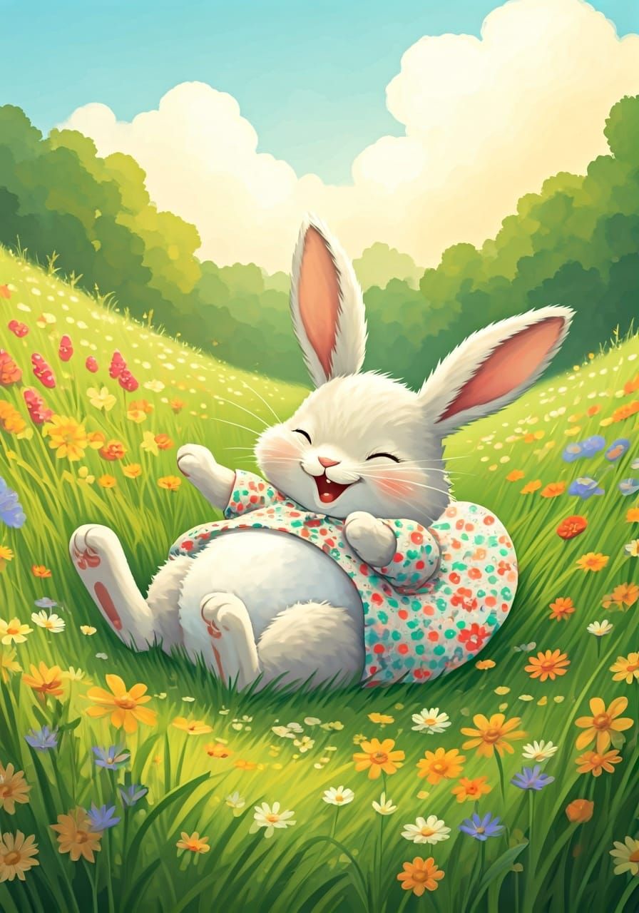 Whimsical Bunny Laughing in Wildflower Meadow