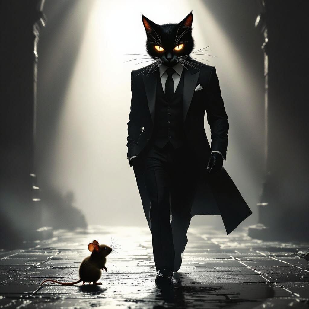 Menacing Cat-Headed Man in Dramatic Shadowy Environment