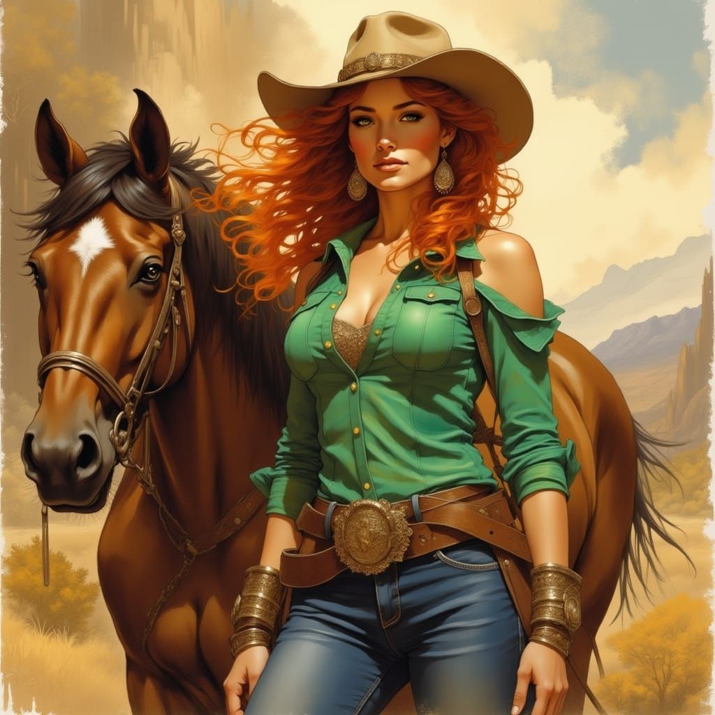 Fiery Red-Headed Cowgirl Rides into Sunset