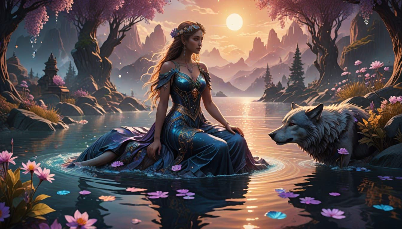 Goddess and Wolf in Vibrant Crystal Realm
