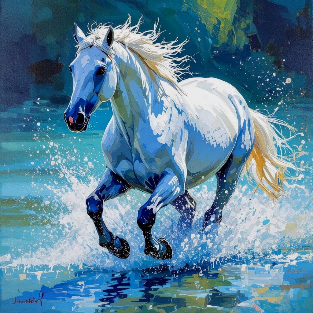 White Horse Gallops Through Water in Acrylic Painting