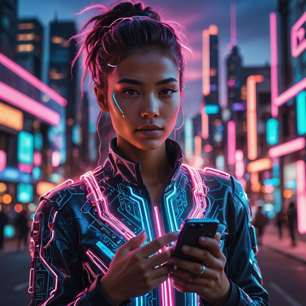 Futuristic Influencer with Neon Circuits in Cyberpunk Style
