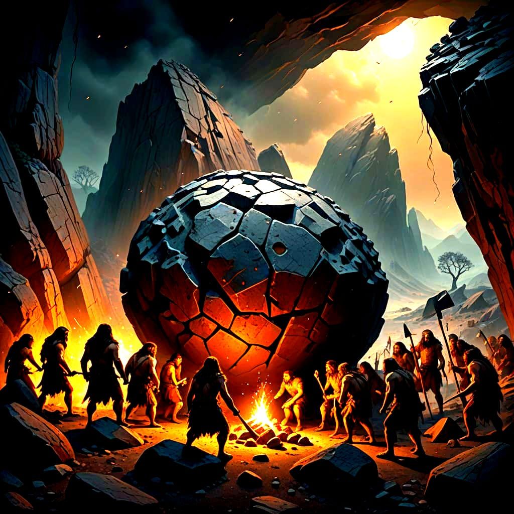 Cavemen Forge Ancient Wheel in Primitive Landscape