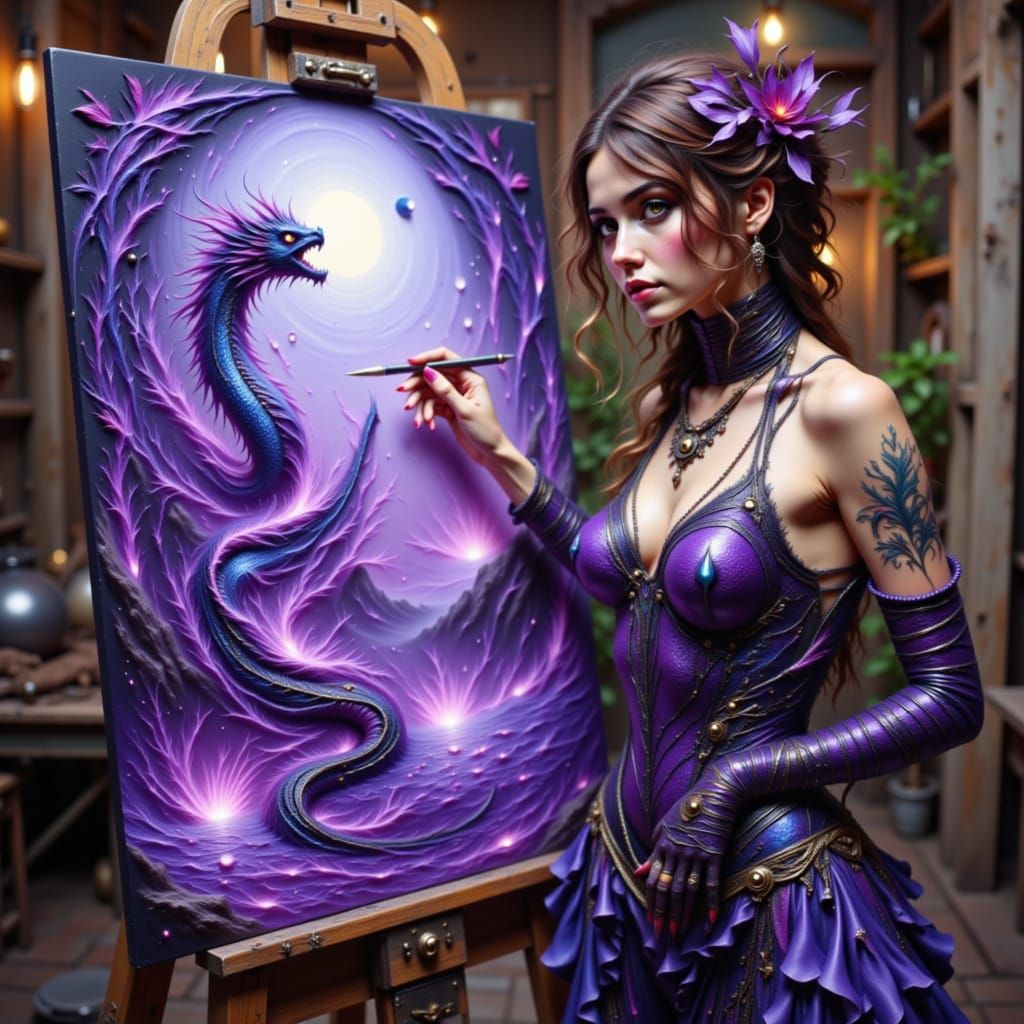 A dragon scale woman paints pictures
