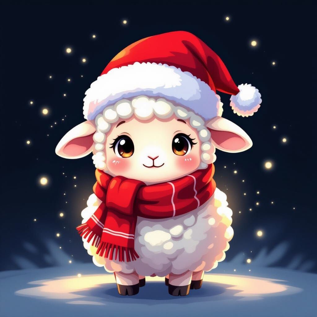 Cute Anime Sheep in Santa Hat and Scarf