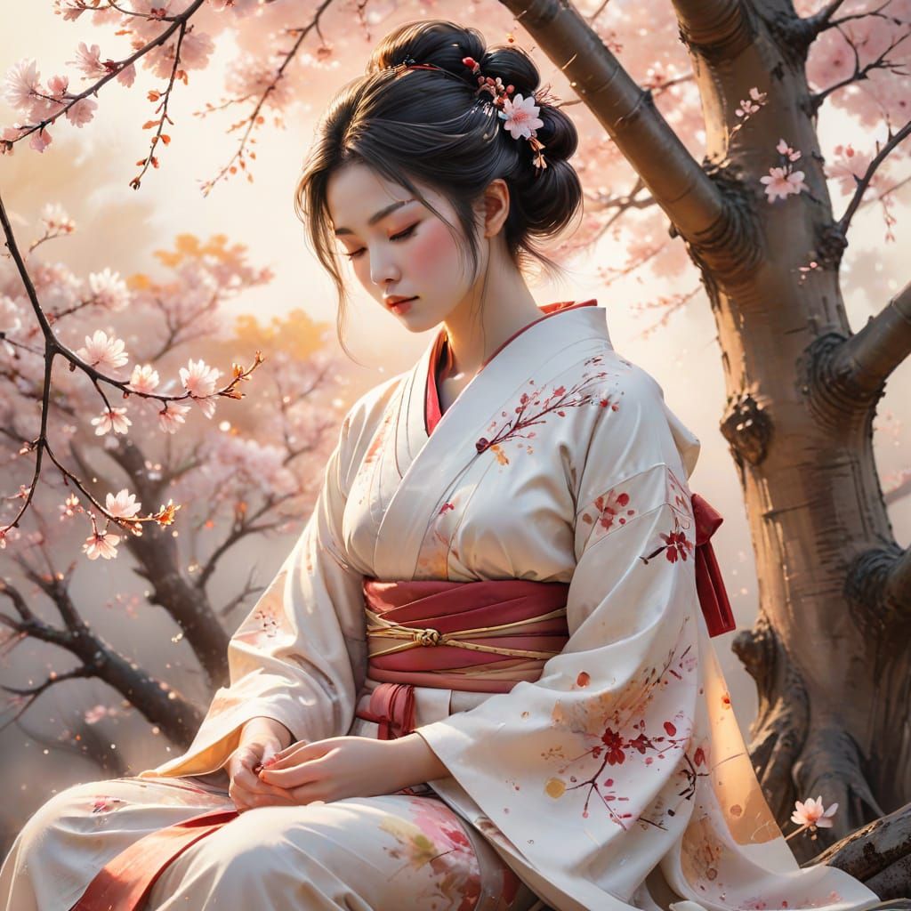 Geisha Meditating Under Blossoming Tree at Sunset in Waterco...