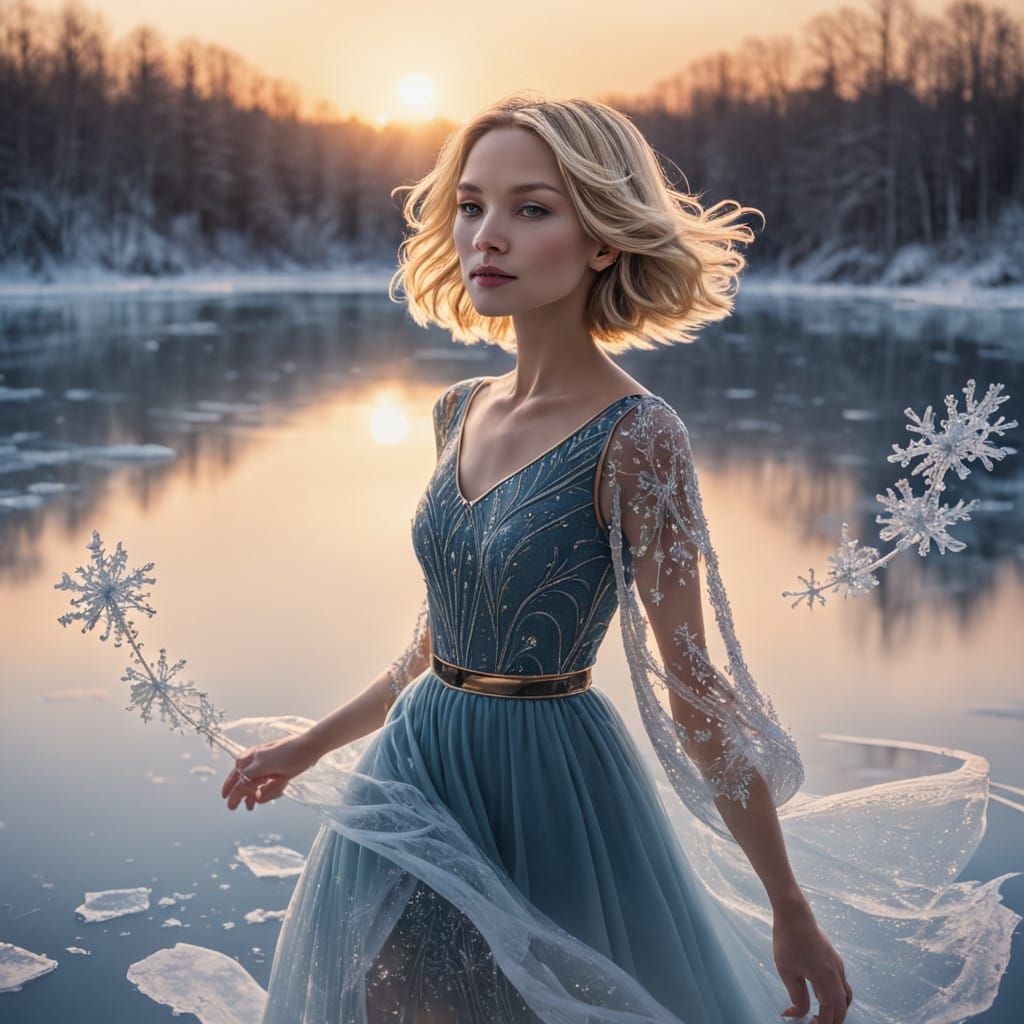 Golden Goddess on Frozen Lake at Sunset