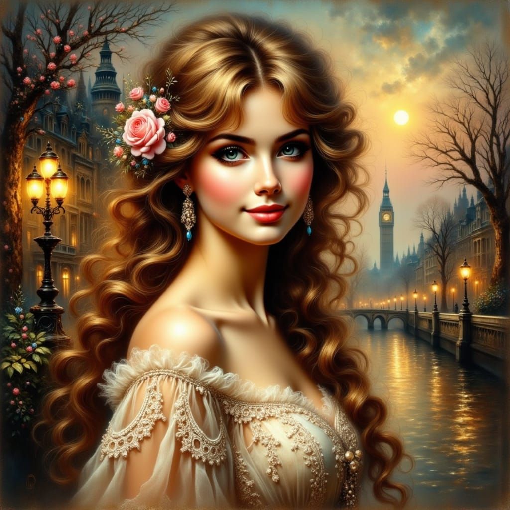 Victorian London Night Scene, Böcklin Style Oil Painting