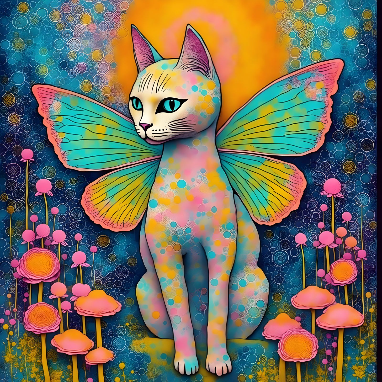 Striped Fairy Cat in Utopian City, Stipple Drawing