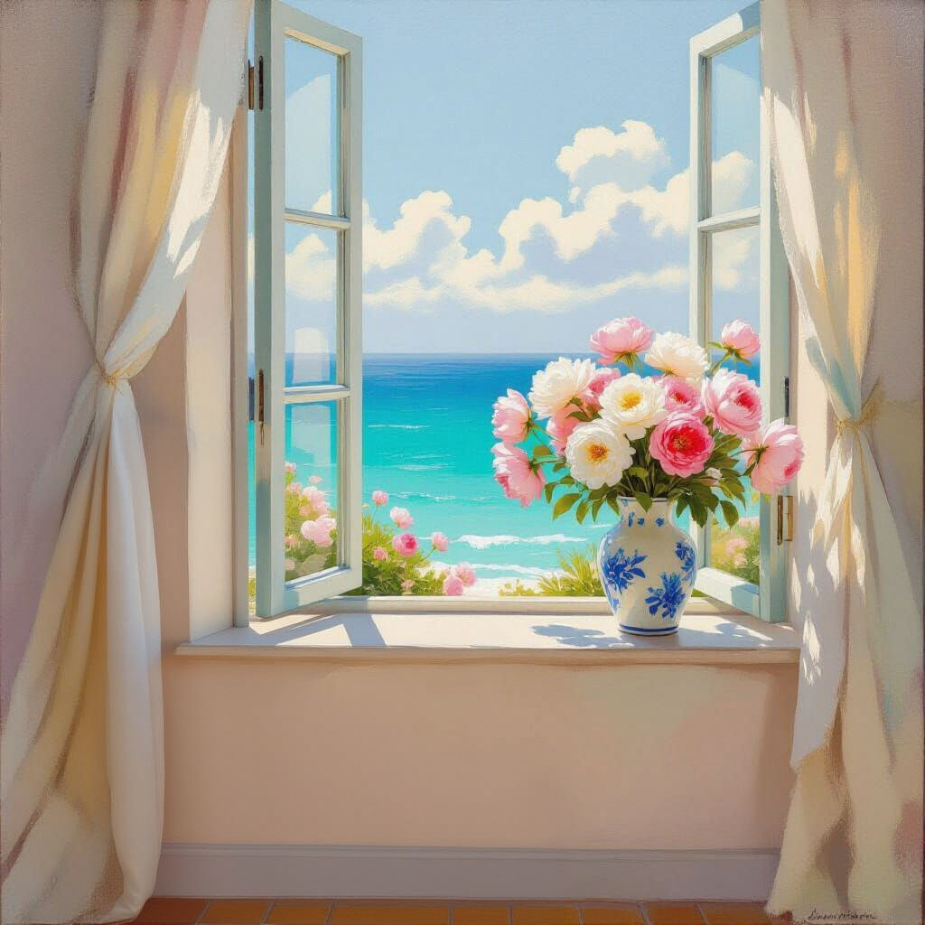 Sunlit Room with Peonies and Sea View