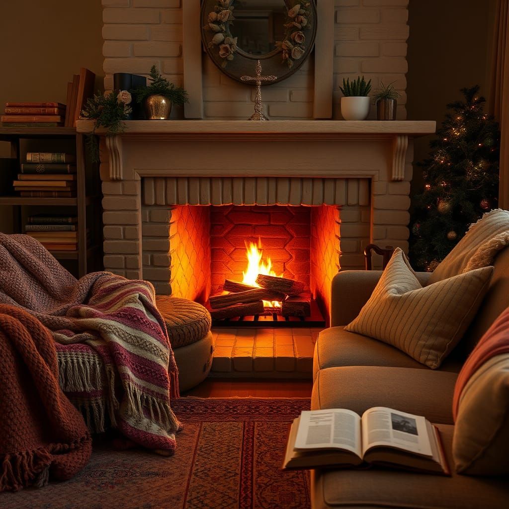 Cozy Living Room with Fireplace and Soft Blankets