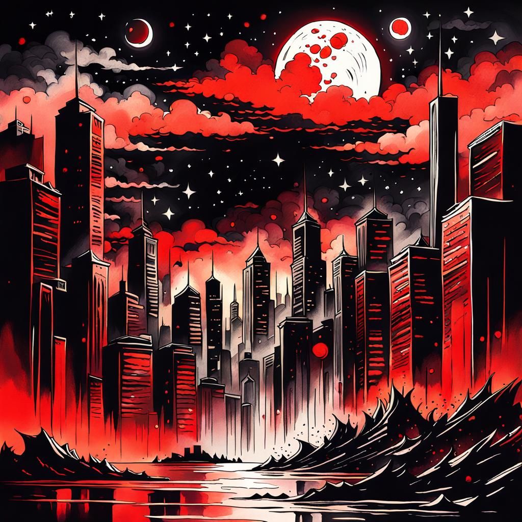 Monochromatic City Ruins Under Blood Moon