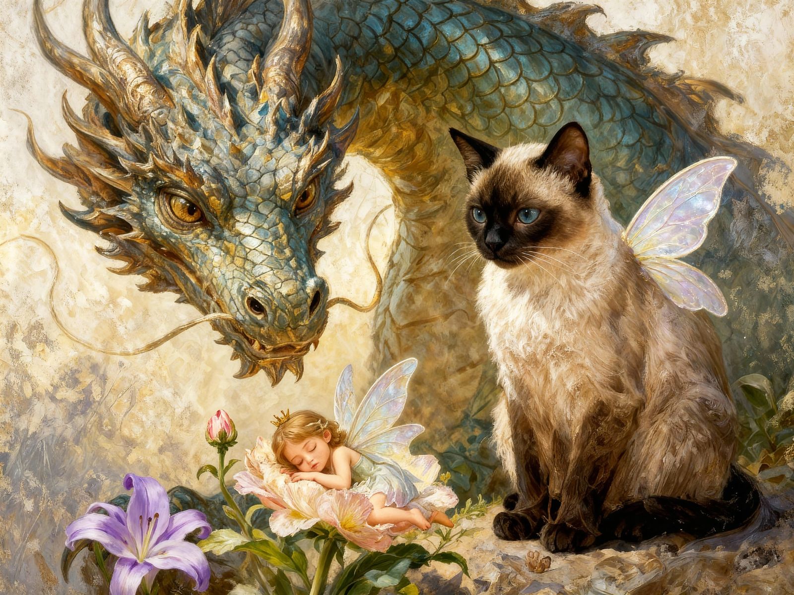 Enchanting Cat with Fairy Wings and Lilac Lily