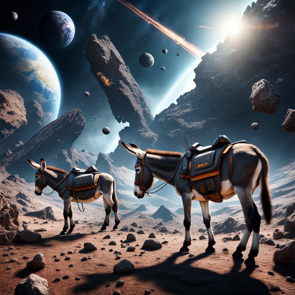 Donkeys and Asteroids in Hyperrealistic Style