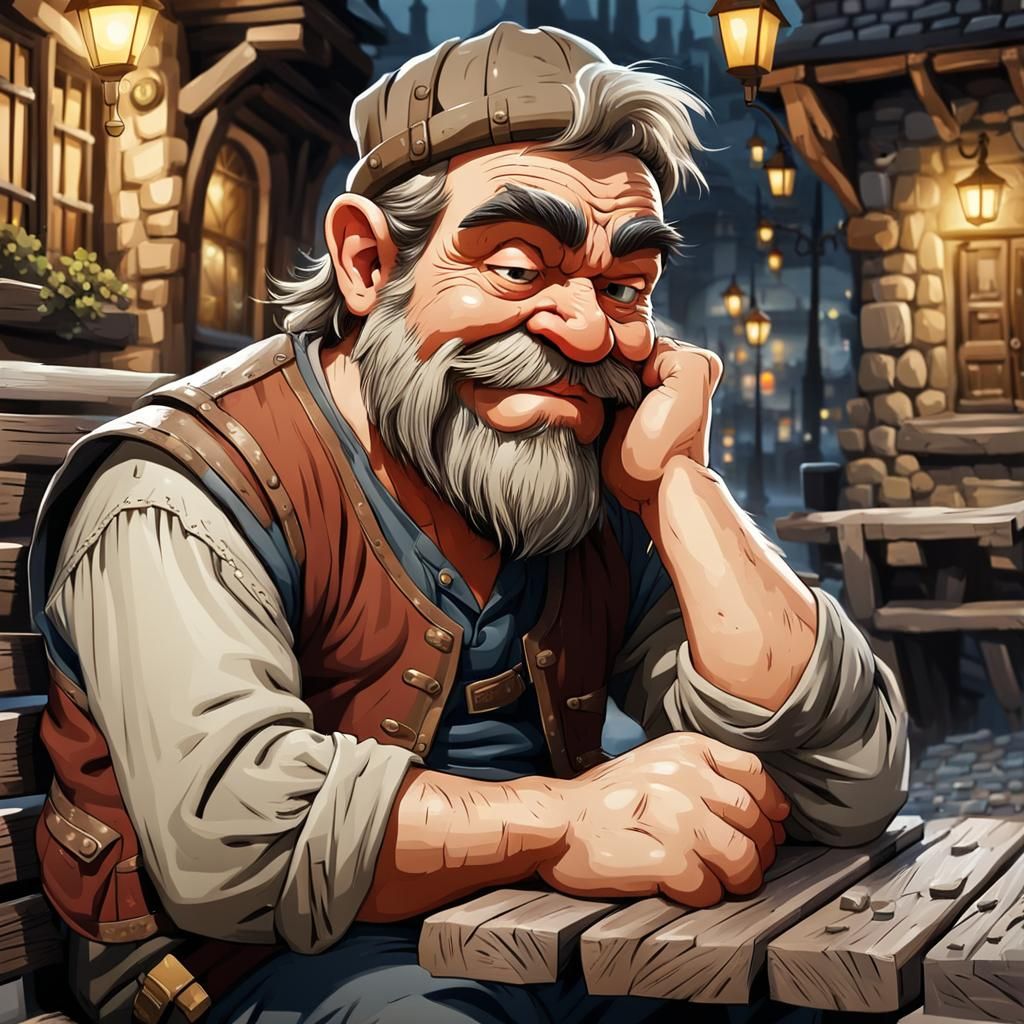 Cartoon Drunken Dwarf on Rustic City Bench