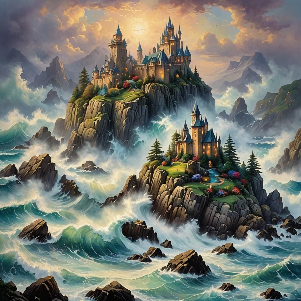 Fantasy Castle Carved in Rock, Hyperrealistic Oil Painting