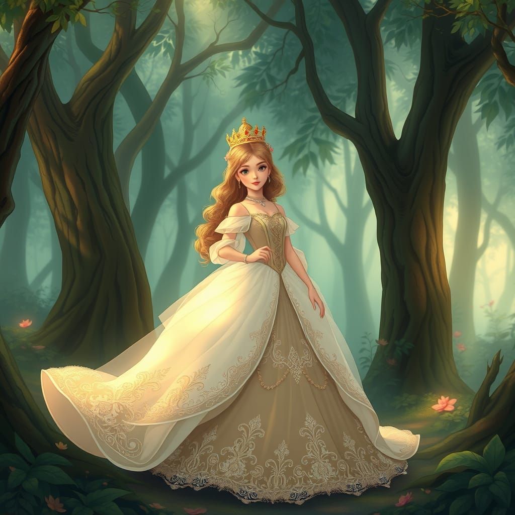 Enchanting Princess in Mystical Forest, Art Nouveau Style
