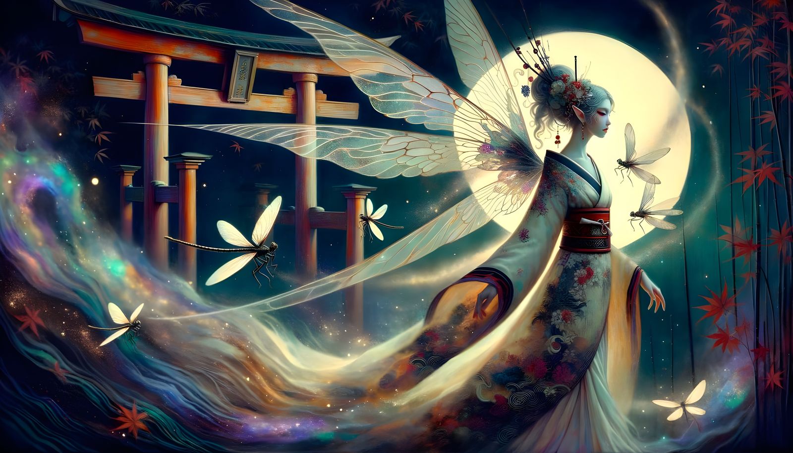 Valkyrie Geisha Elf in Dreamscape with Prismatic Dragonflies