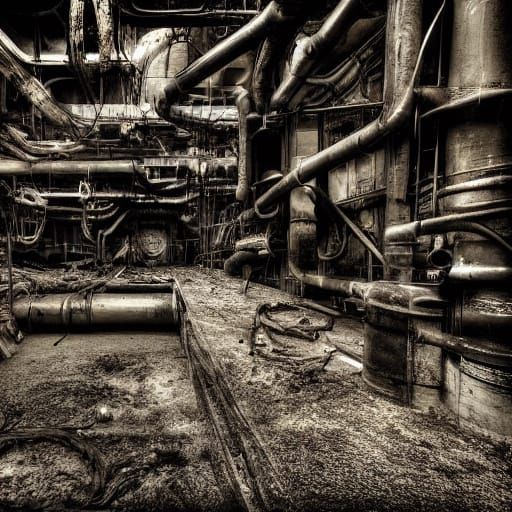 Cyberpunk Industrial Decay in Sepia Tones