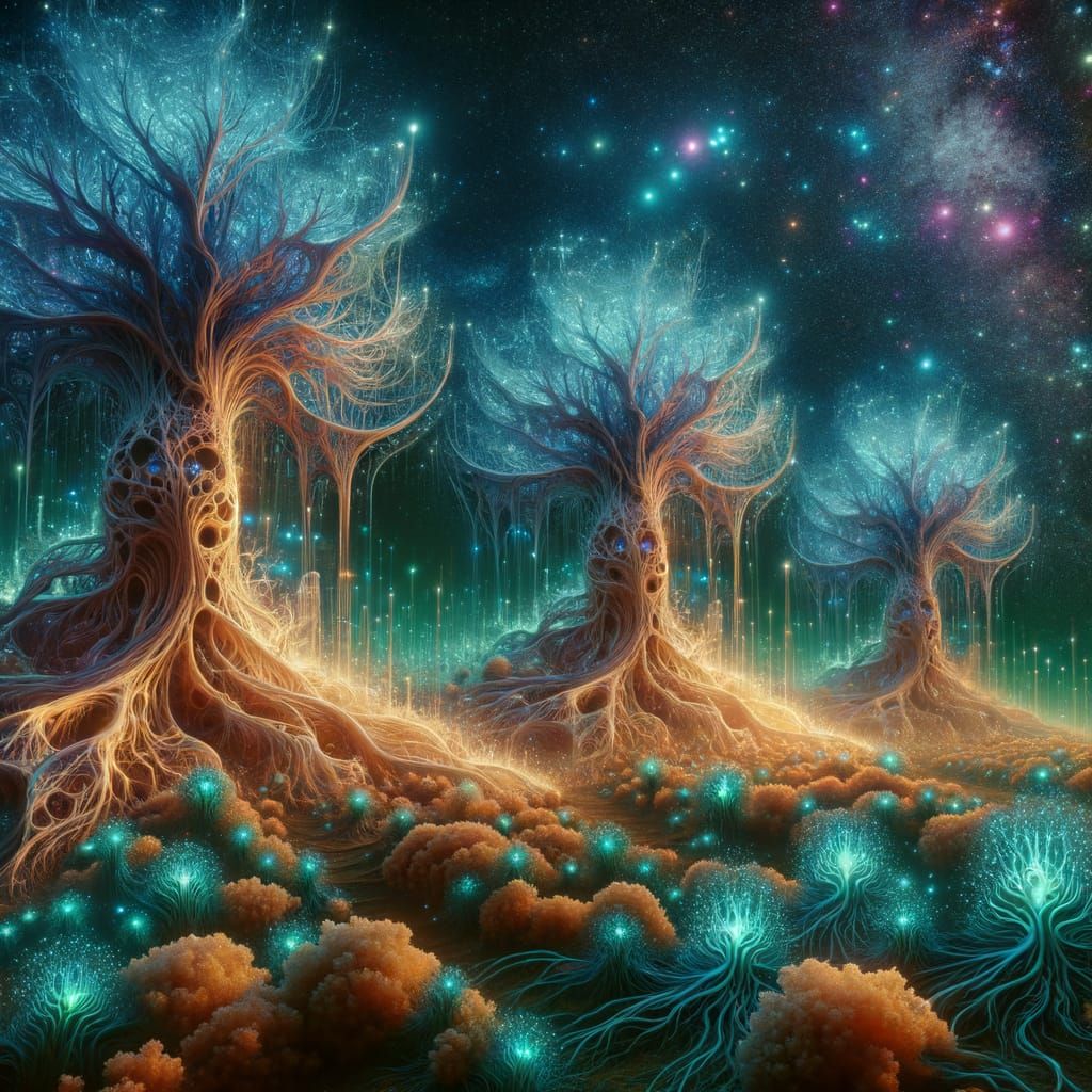 Surreal Alien Landscape with Luminescent Trees