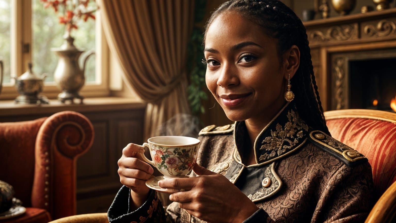 Elegant Woman in Brocade Jacket Sips Tea in Super Realistic ...