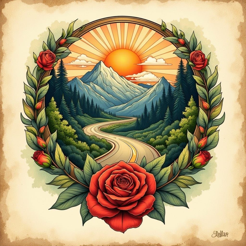 Winding Road Tattoo Art Nouveau Illustration