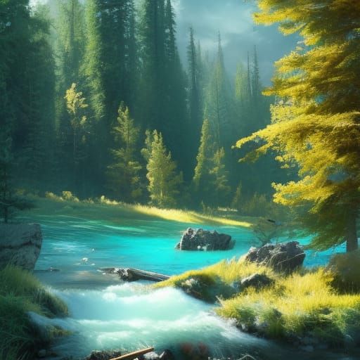 Colorful Meadow and Turquoise Creek in Fantasy Forest