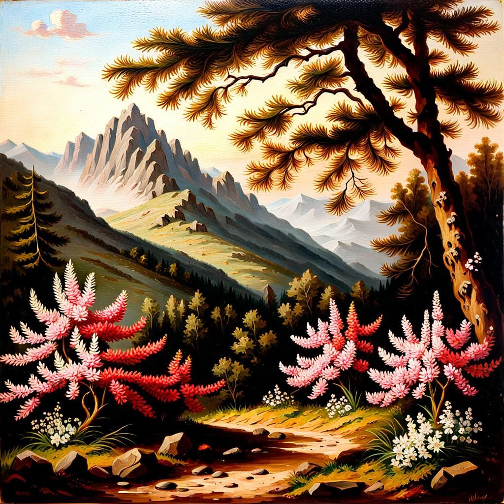 German Mountain Landscape: 19th Century Oil Painting