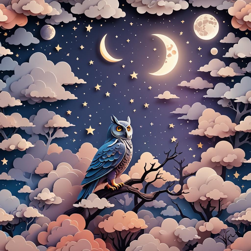 Papercut Owl Soaring in Vibrant Starry Night