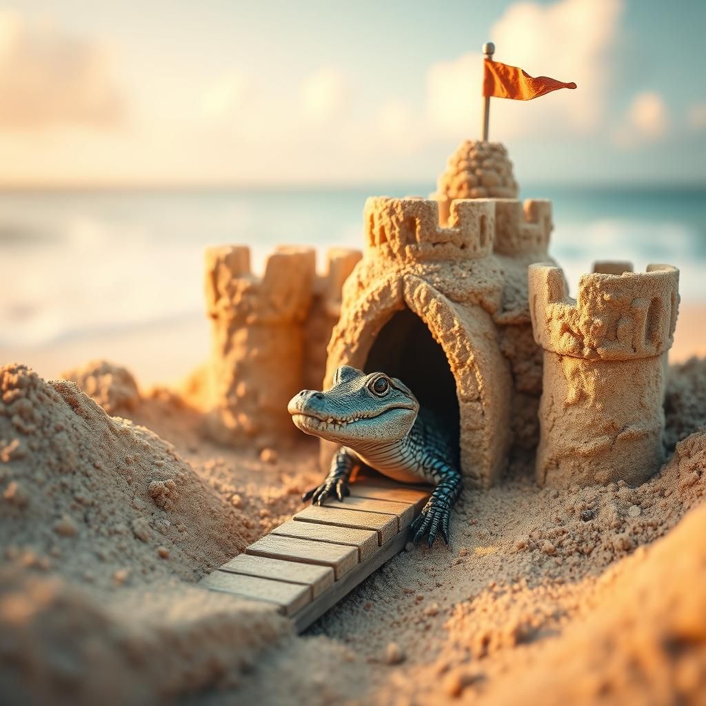 Golden Sand Castle with Crocodile: Detailed Beach Scene