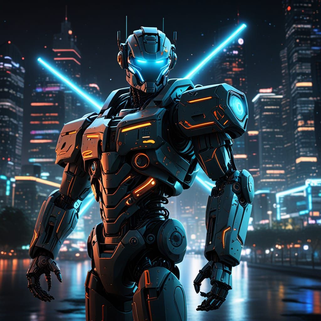 Gigantic Robot Defends City in Neon Space Battle