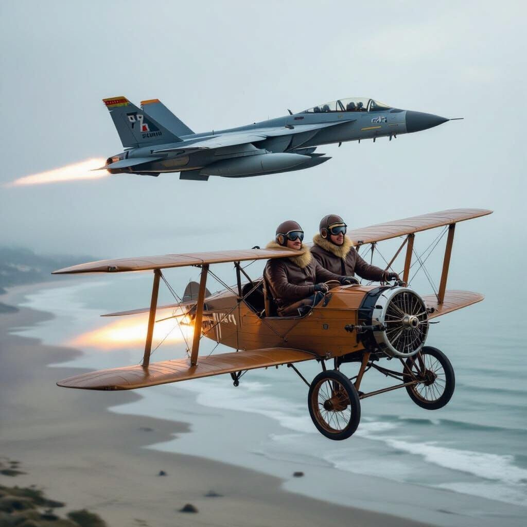 Wright Brothers' Flight Escorted by F-14 Tomcat, Photorealis...