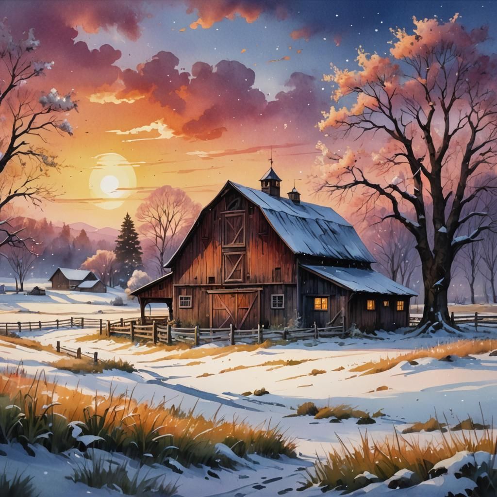 Spring Snow Barn at Sunset: Watercolor Painting