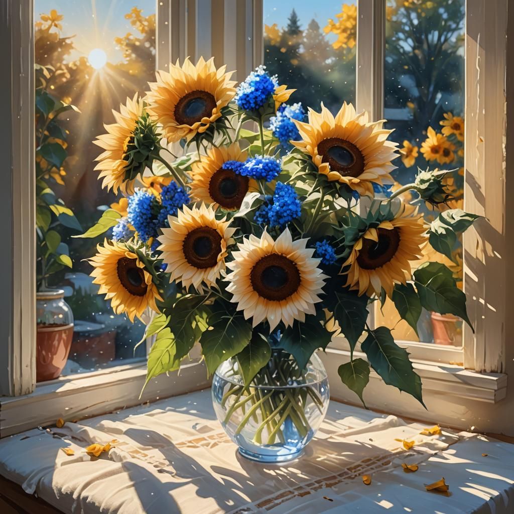 Blue and White Sunflower Bouquet in Luminism Style