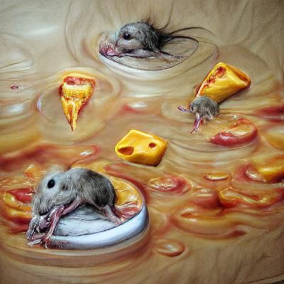 Mouse Bathing in Cheese, Hyperrealistic Image