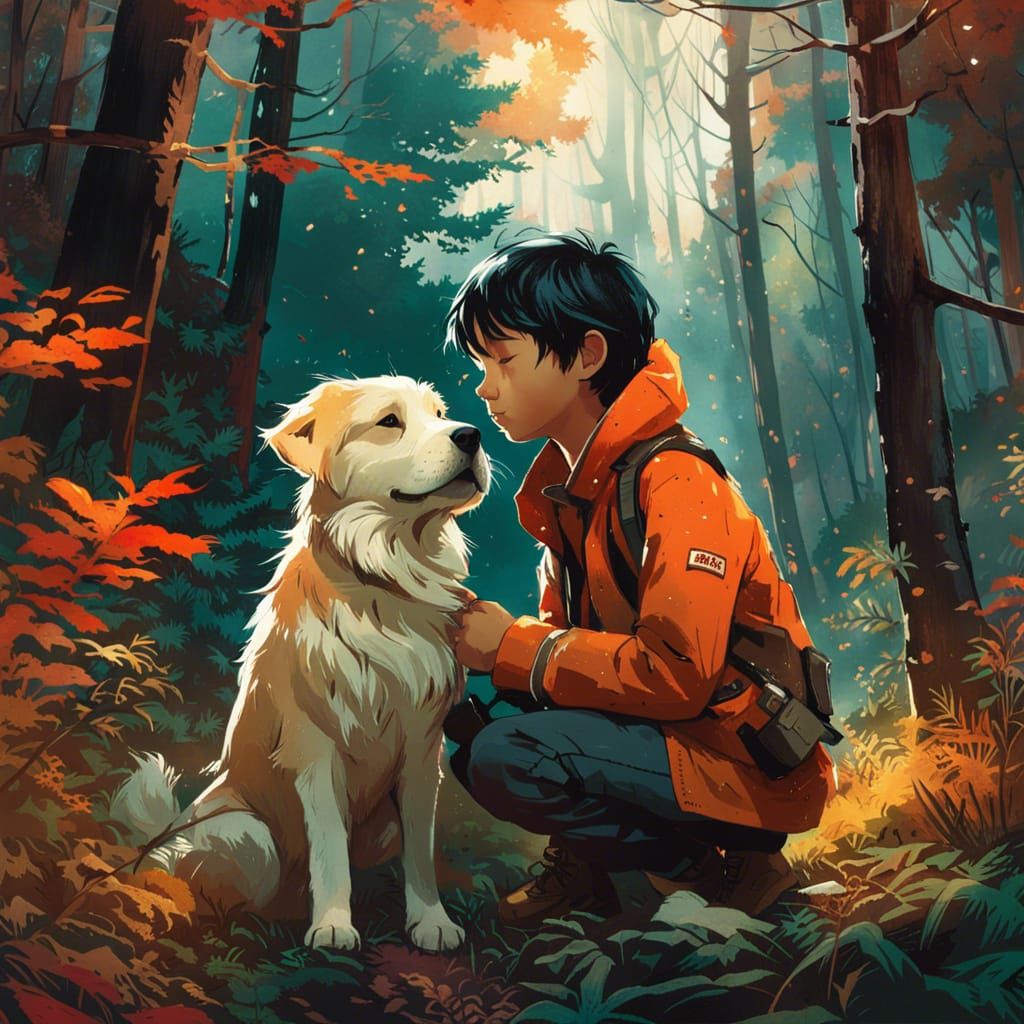Boy and Dog Cuddle in Forest: Detailed Digital Art
