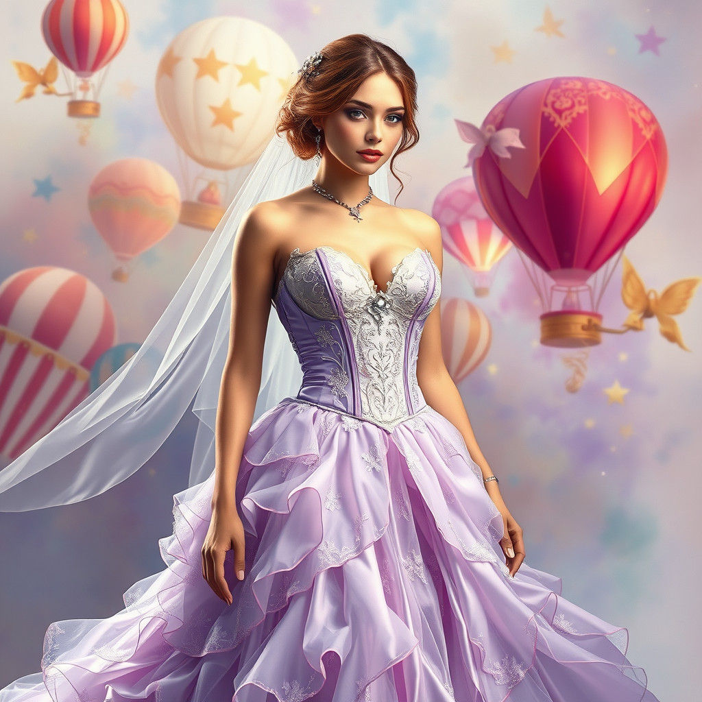 Lilac Wedding Gown with Hot Air Balloons, Hyperrealistic