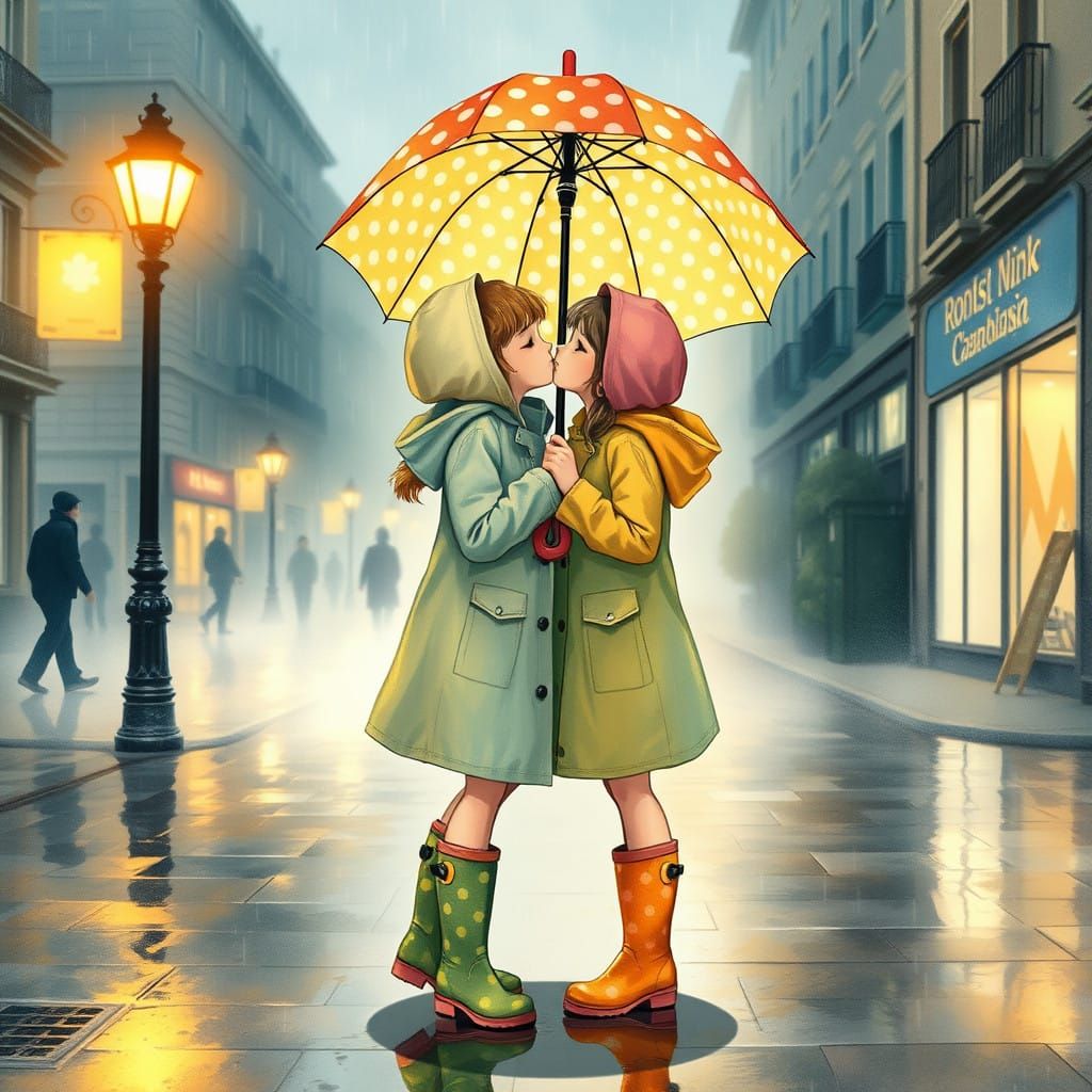 Two Teenage Girls Share Tender Kiss Under Whimsical Umbrella