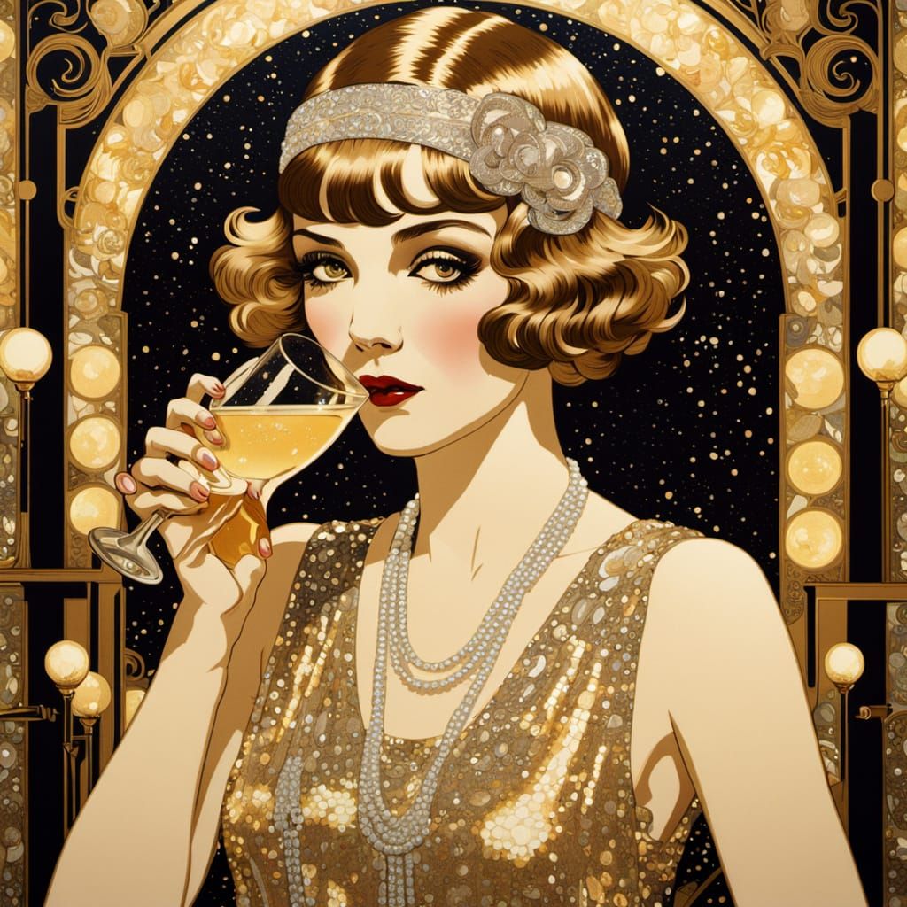 Flapper Sipping Champagne in Art Deco Style
