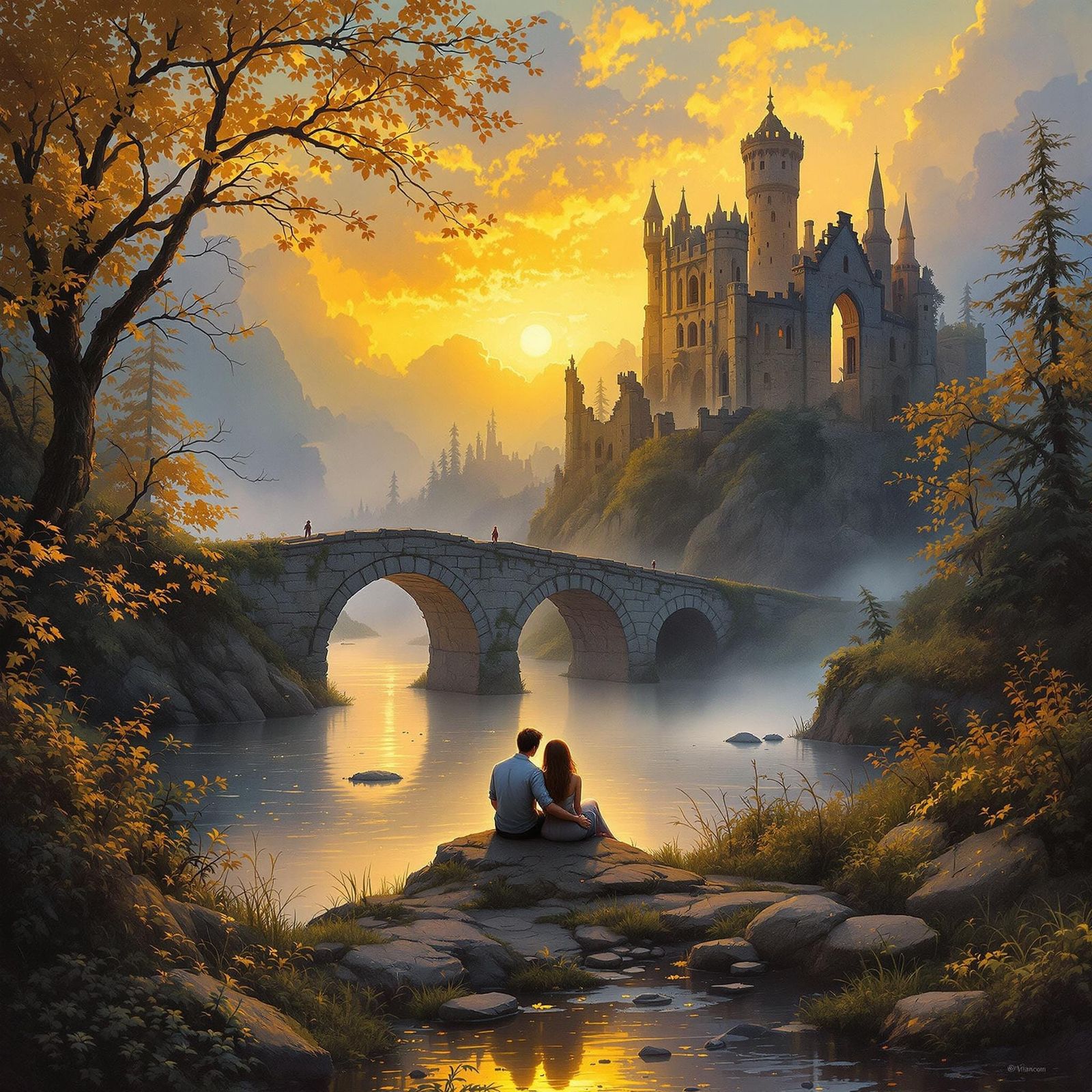 Romantic Sunset Contemplation by Misty River in Kinkade Styl...