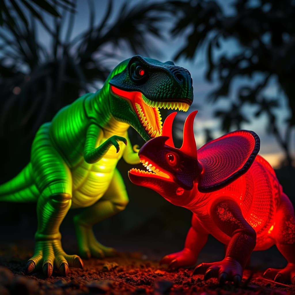 Glowing T-Rex vs Triceratops in Jungle Sunset