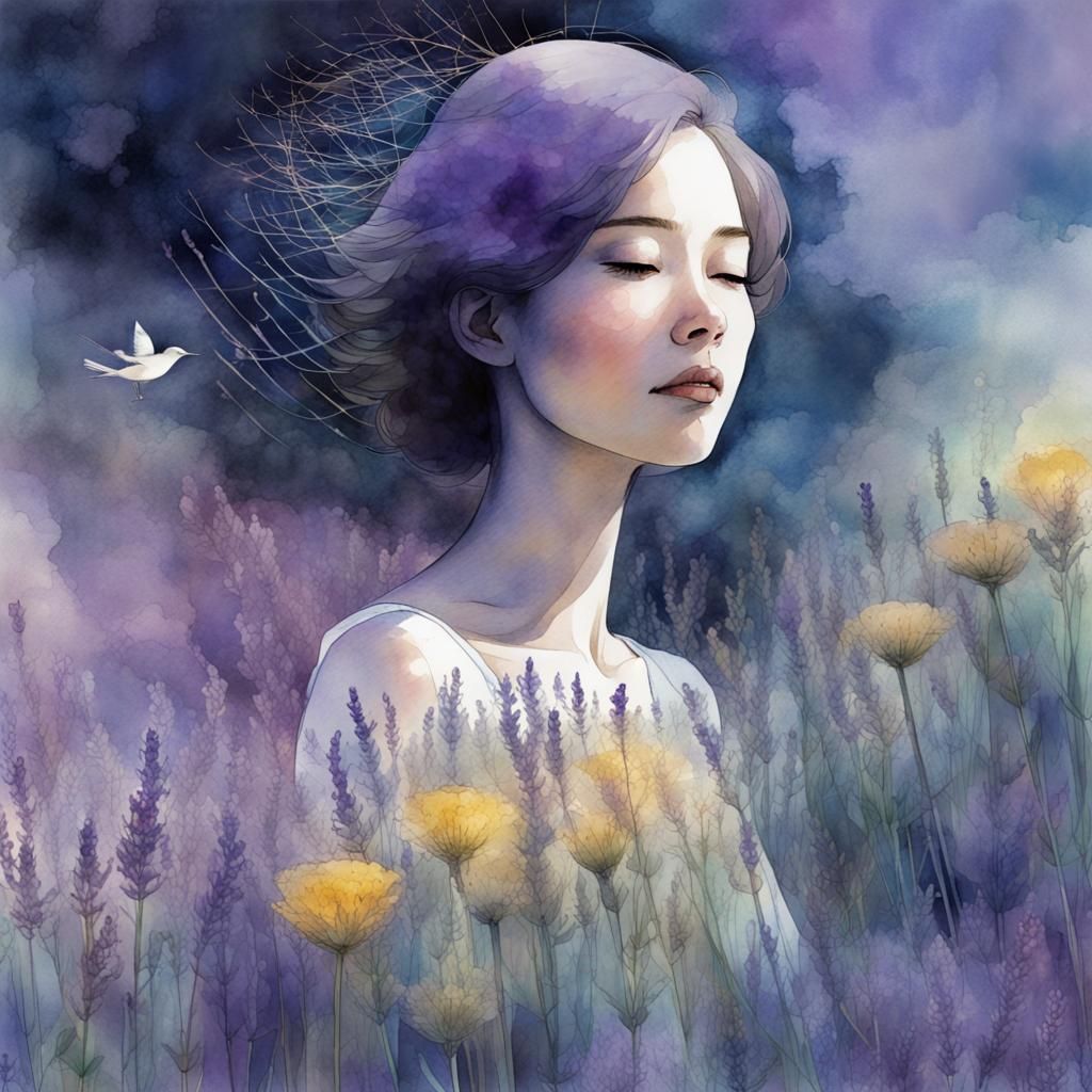 Lavender Field and Woman: Digital Watercolor Illustration