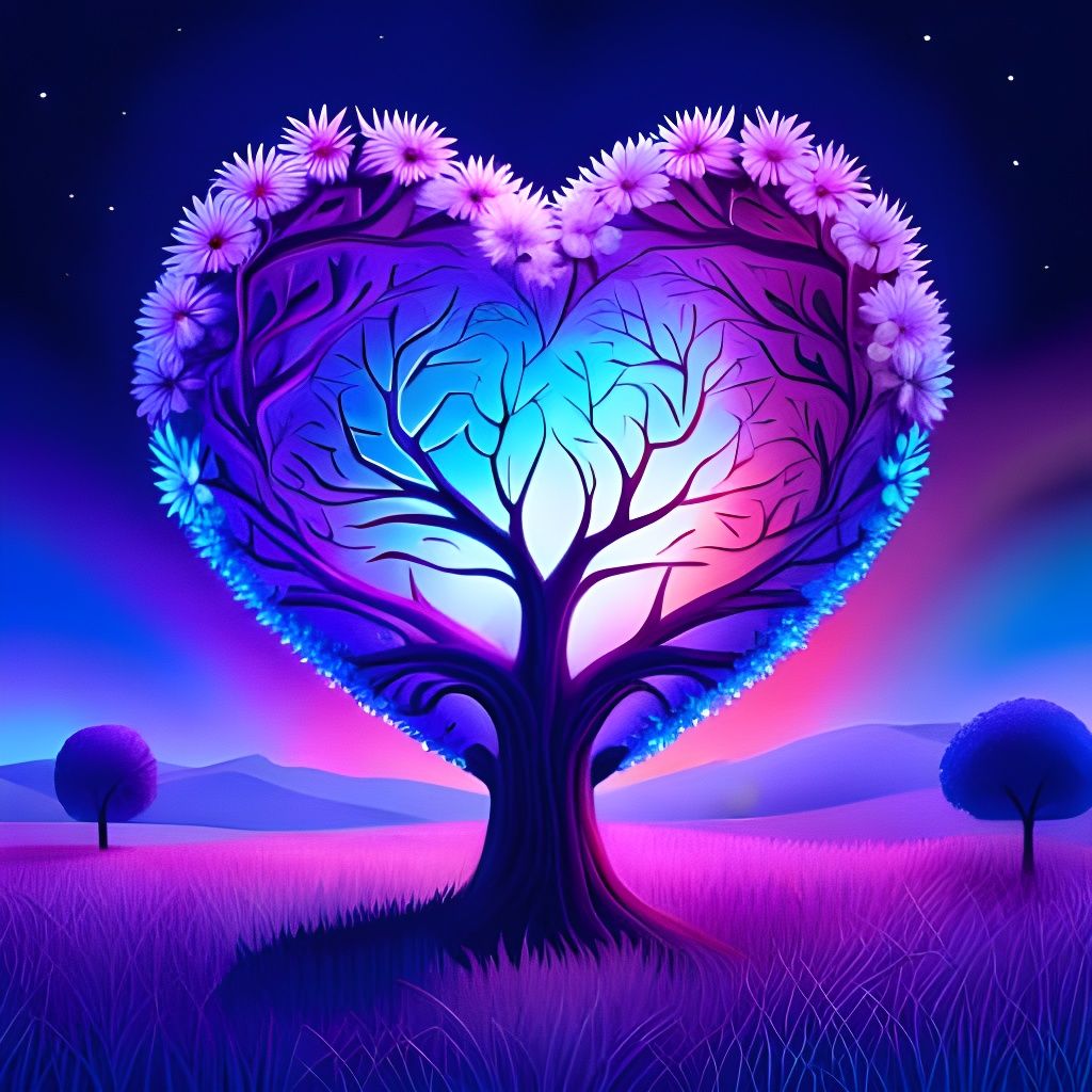 Luminous Floral Heart Tree in Enchanted Forest