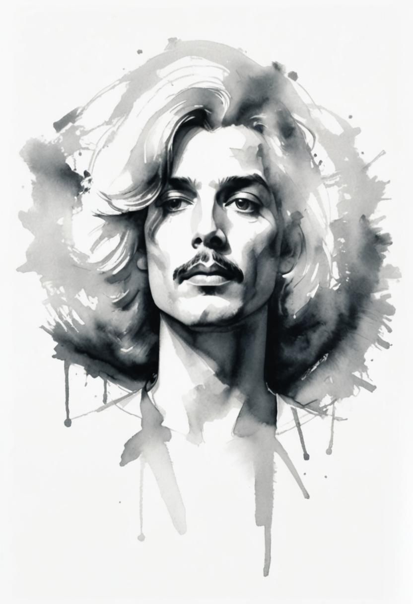 Freddie Mercury abstract sketch. Wet light colour wash