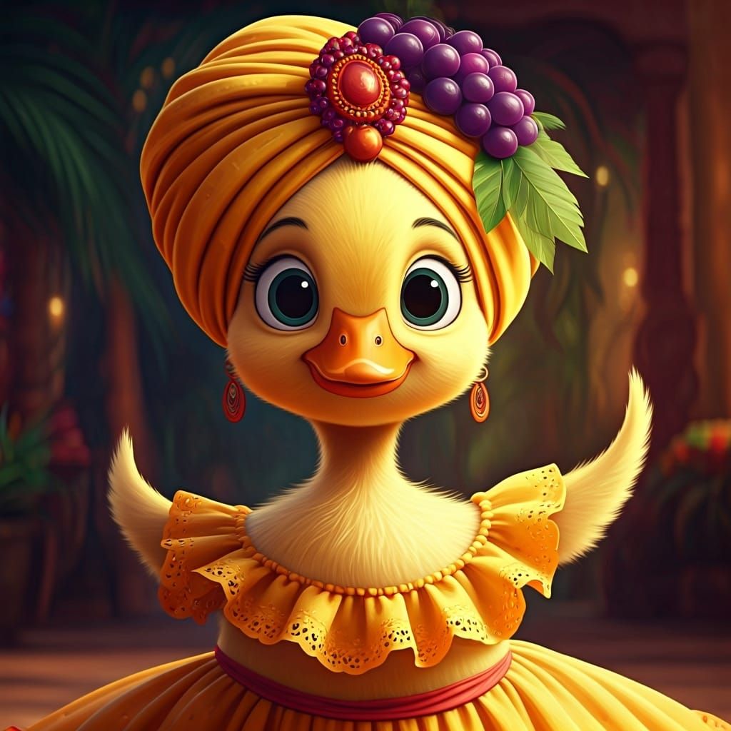 Dancing Duckling in Fruit Hat, Oil Painting Style