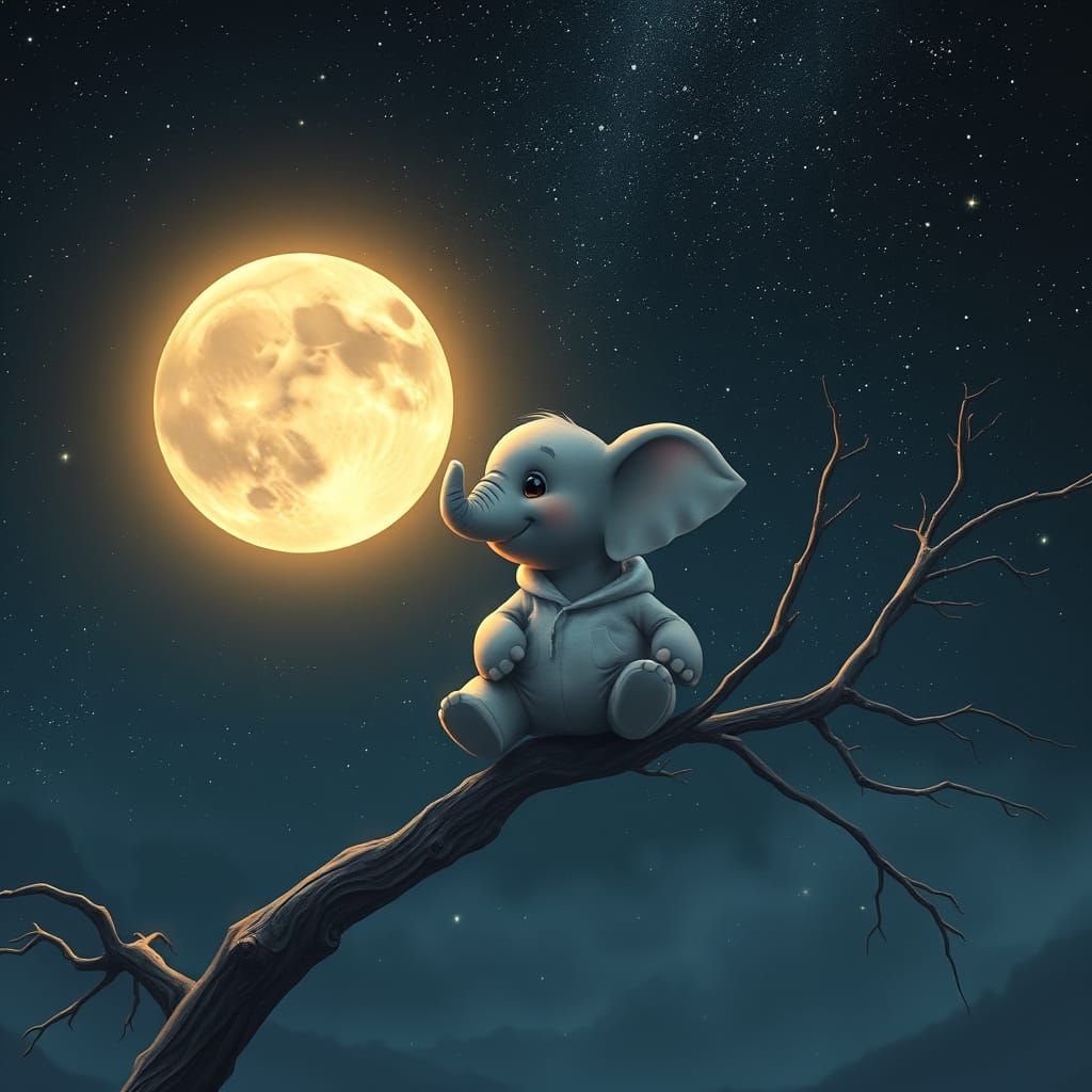 Ethereal Baby Elephant Basks Under Starry Night Sky